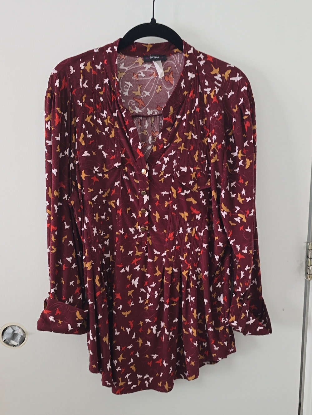 Cocomo Burgundy Bird-Print Button Front Tunic